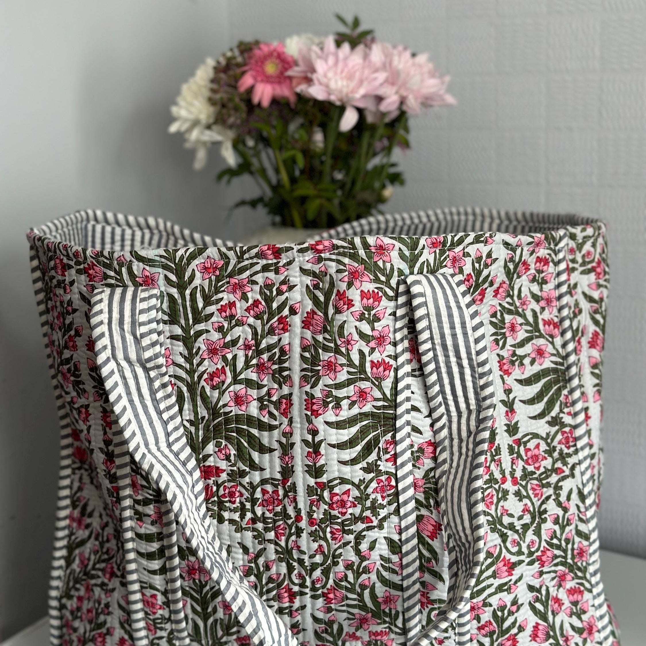 Pink & Green Floral Design - Cotton Quilted Tote Bag