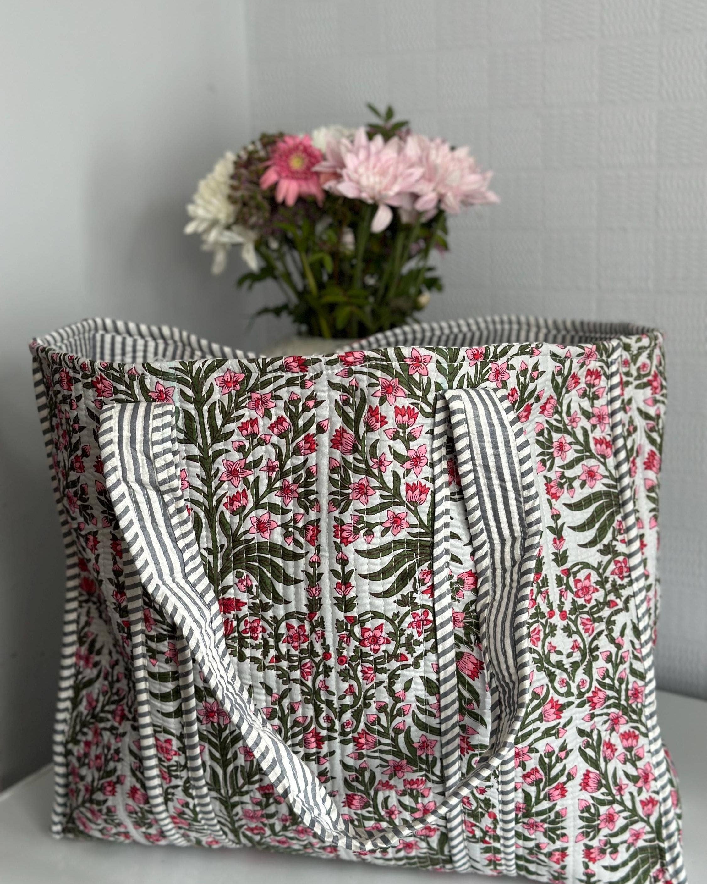 Pink & Green Floral Design - Cotton Quilted Tote Bag