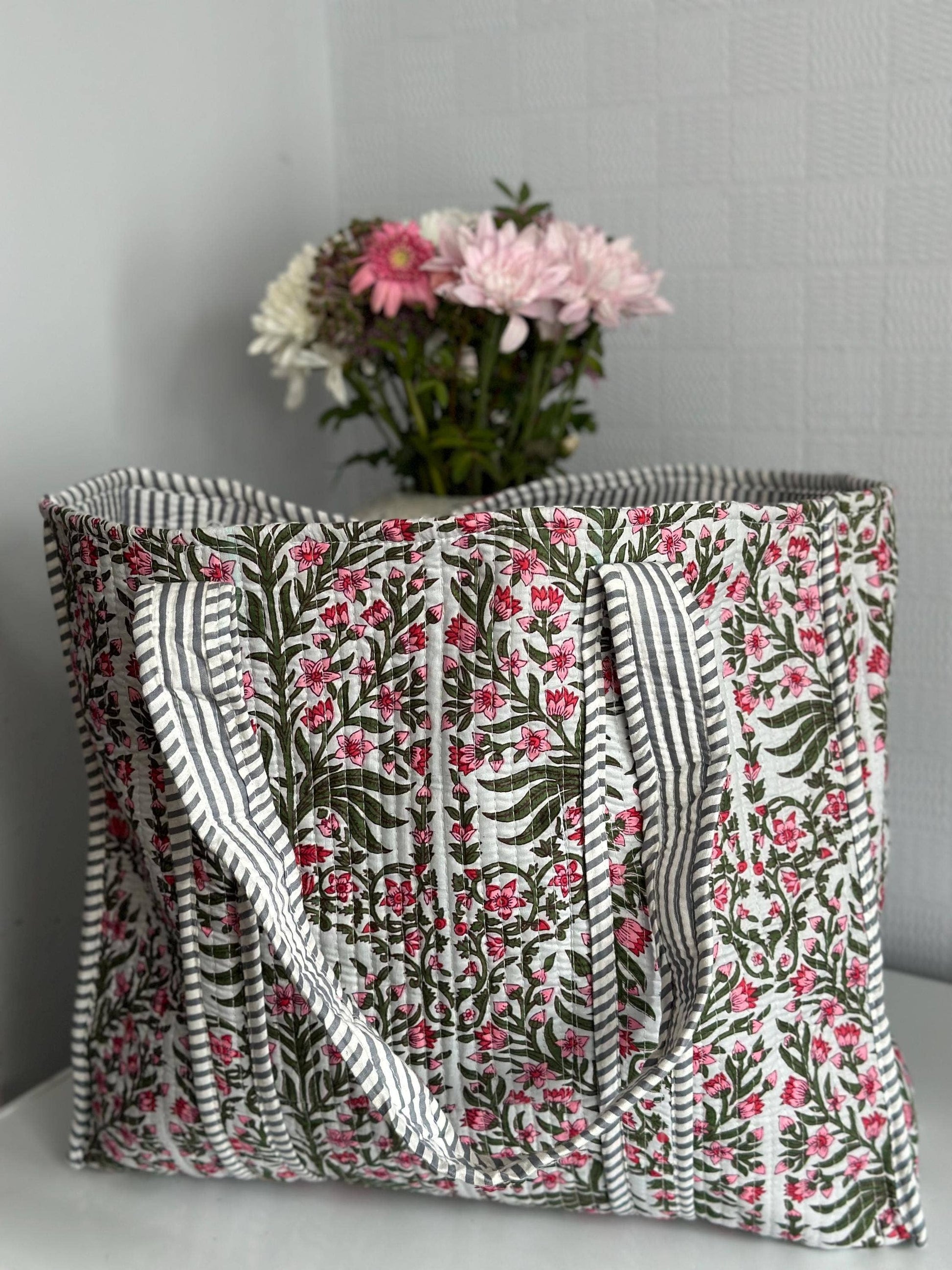 Pink & Green Floral Design - Cotton Quilted Tote Bag
