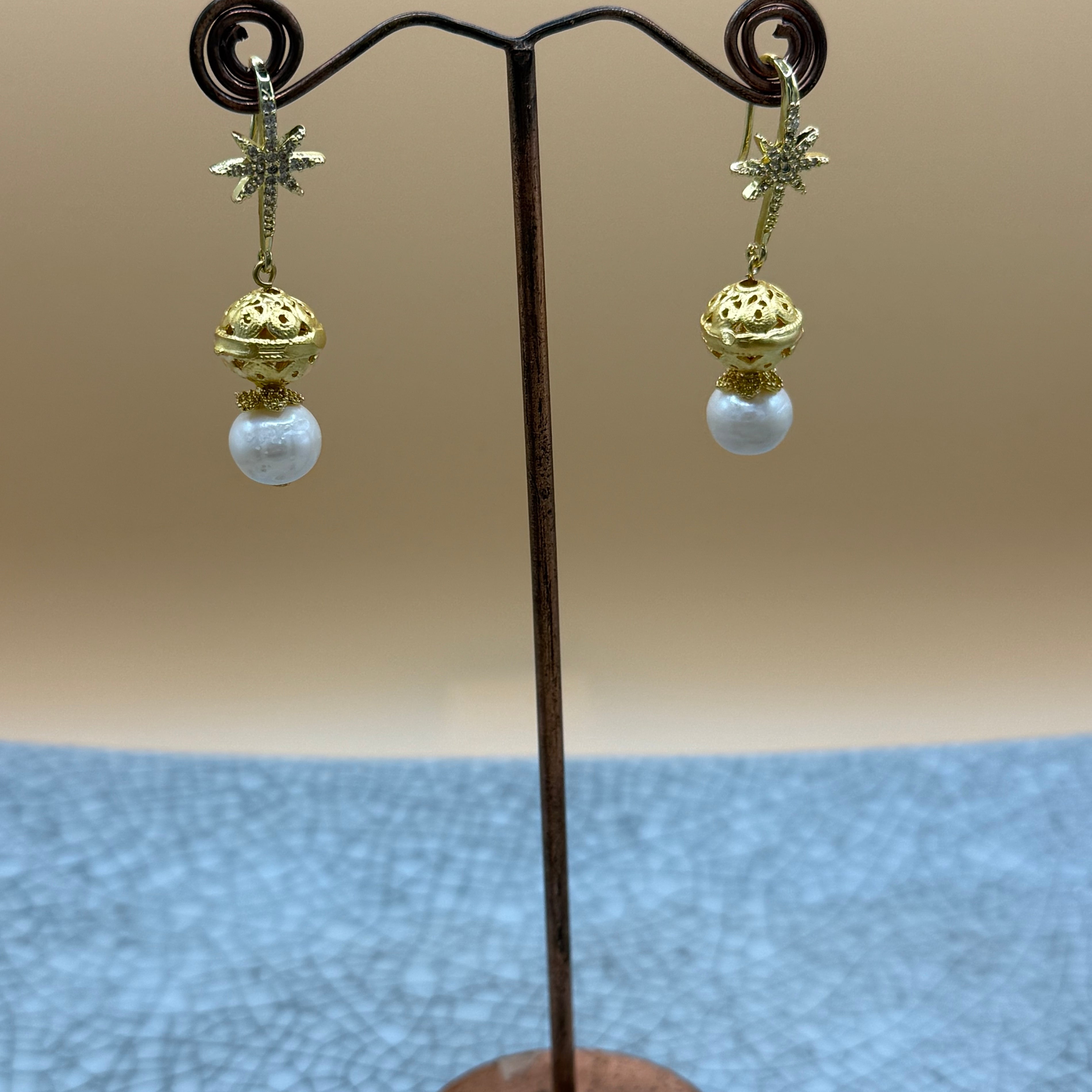 Freshwater Pearl & Gold Diamante Star Earrings