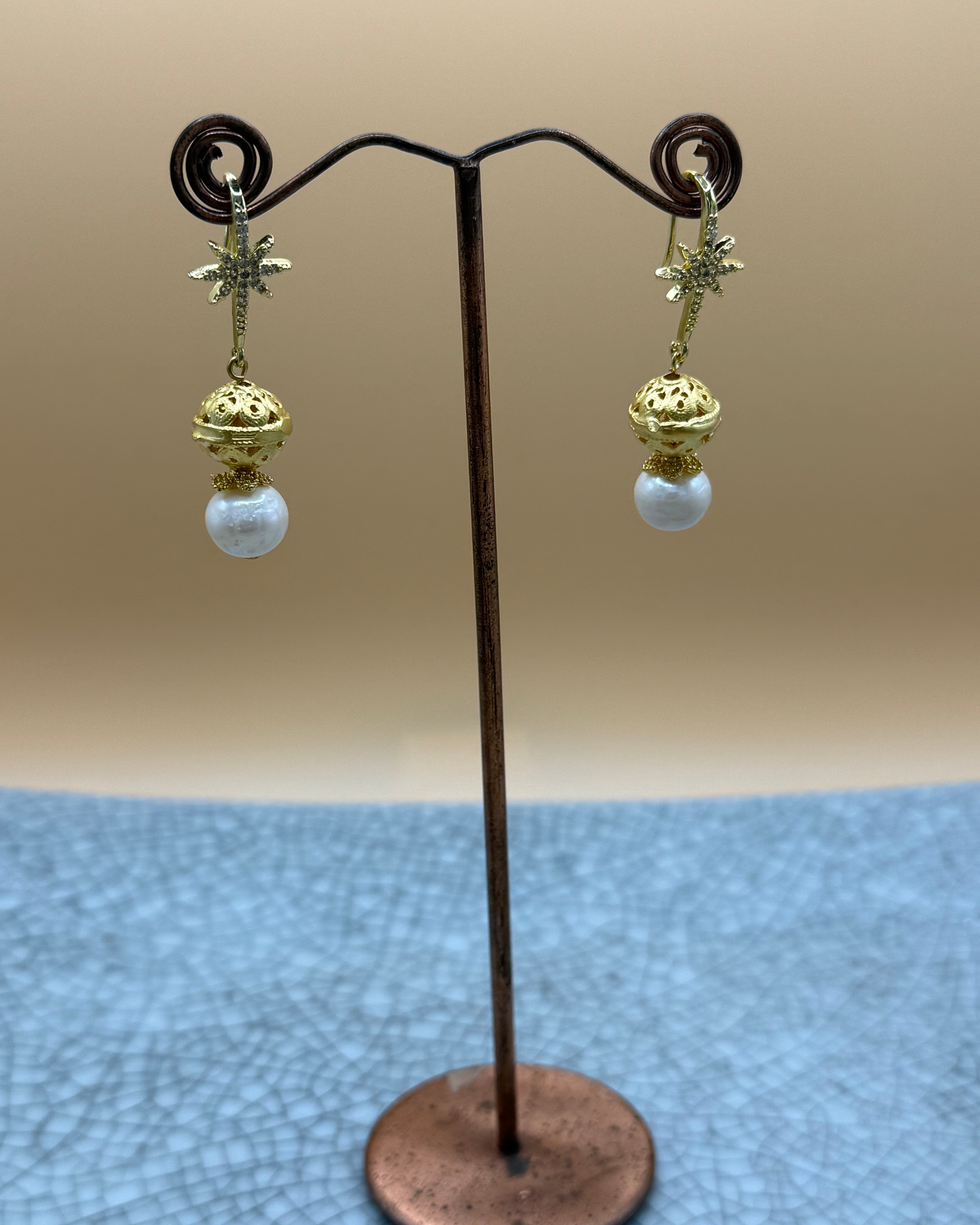 Freshwater Pearl & Gold Diamante Star Earrings