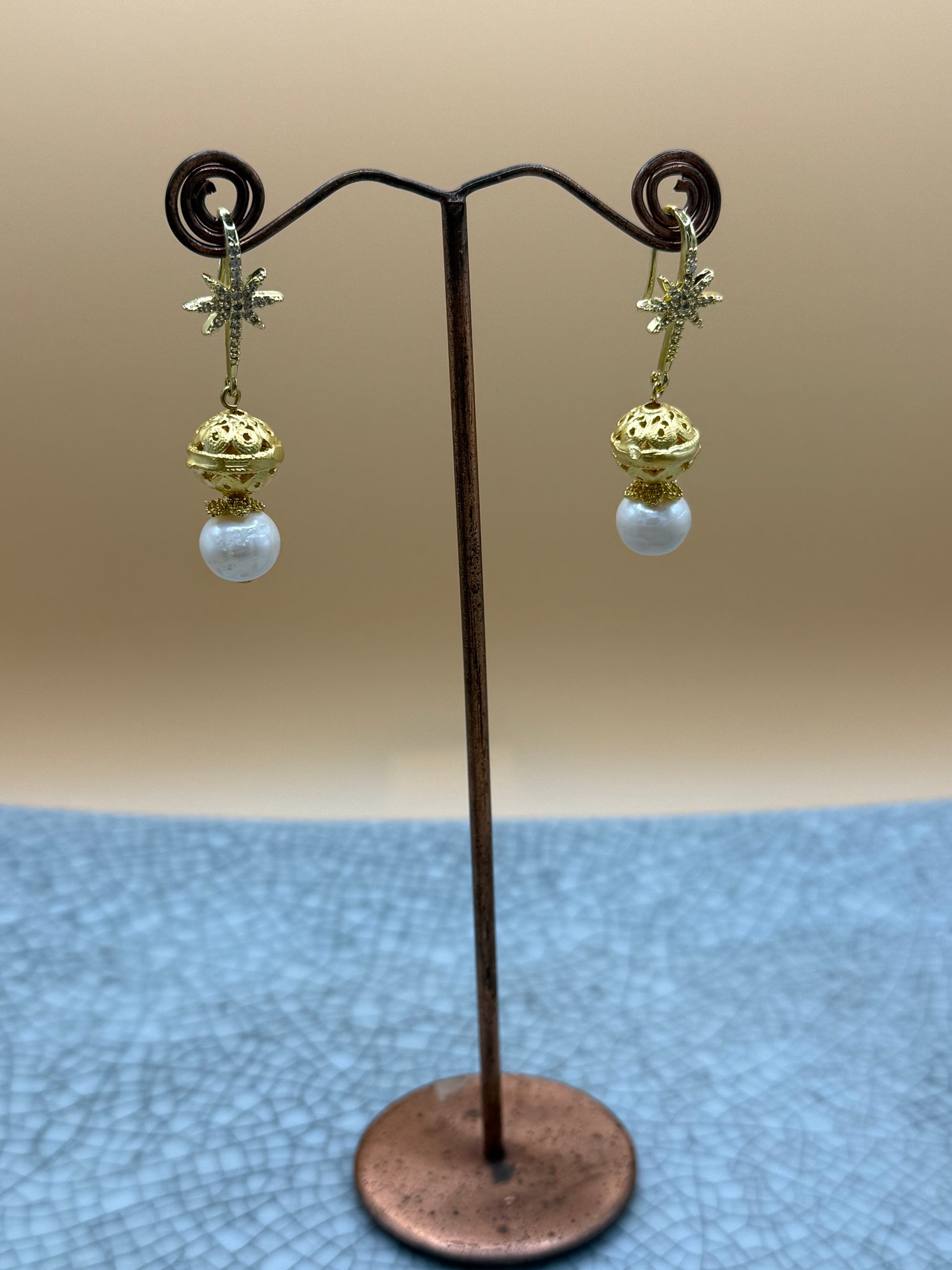 Freshwater Pearl & Gold Diamante Star Earrings