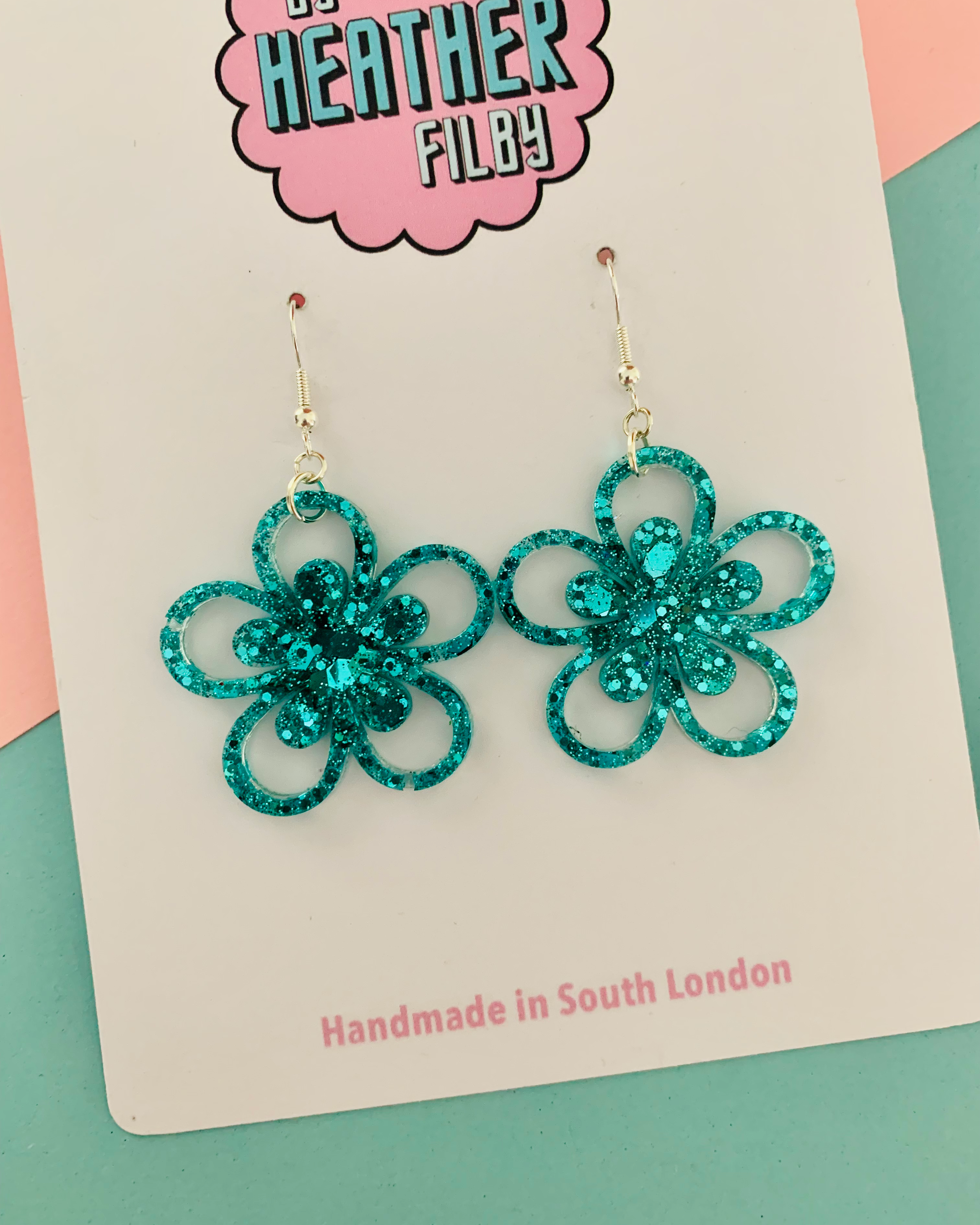 Floral Glitter Flower Earrings : Teal