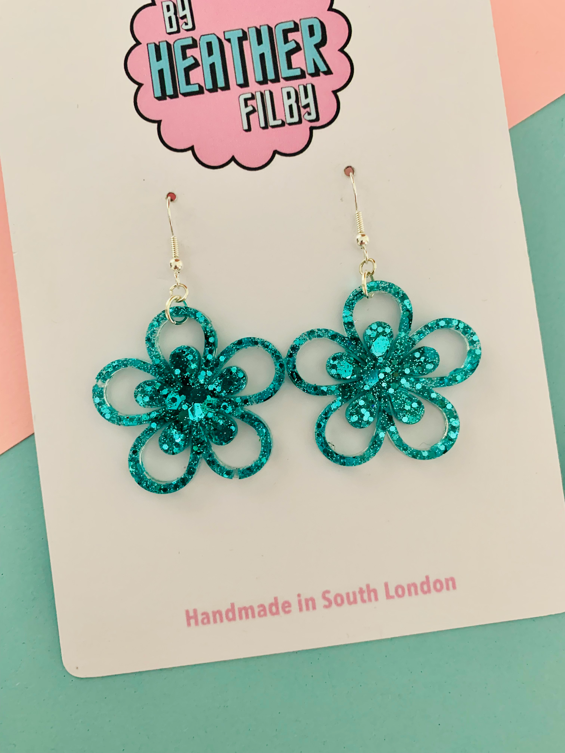 Floral Glitter Flower Earrings : Teal