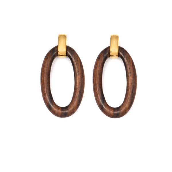 Oval brown wood Link Earring - Gold