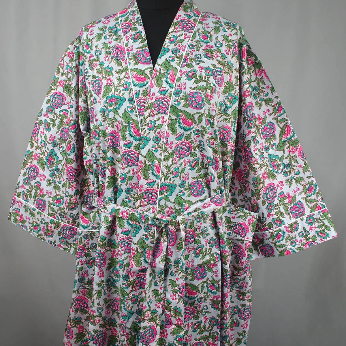 Cotton Kimono - Multi Floral On Grey Base