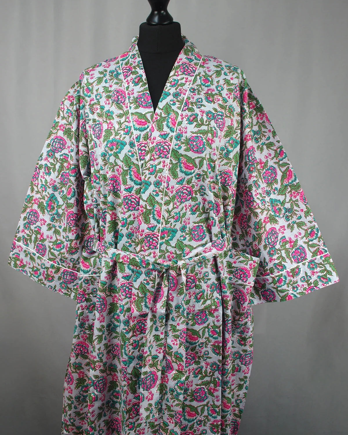 Cotton Kimono - Multi Floral On Grey Base