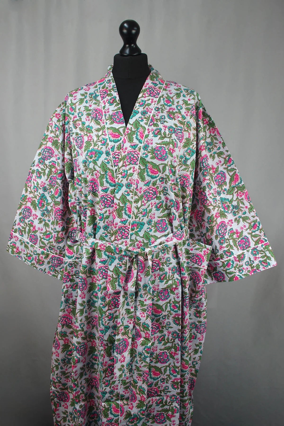Cotton Kimono - Multi Floral On Grey Base