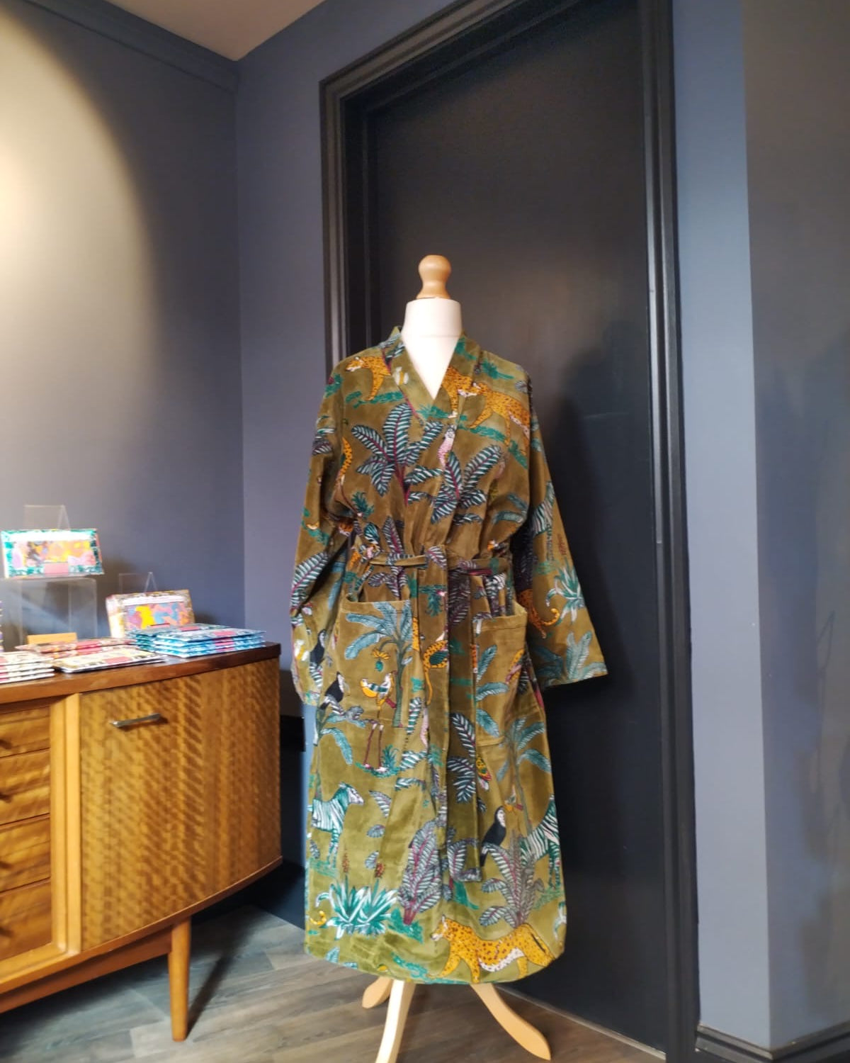 Luxury Velvet Robe - Olive green, tropical print