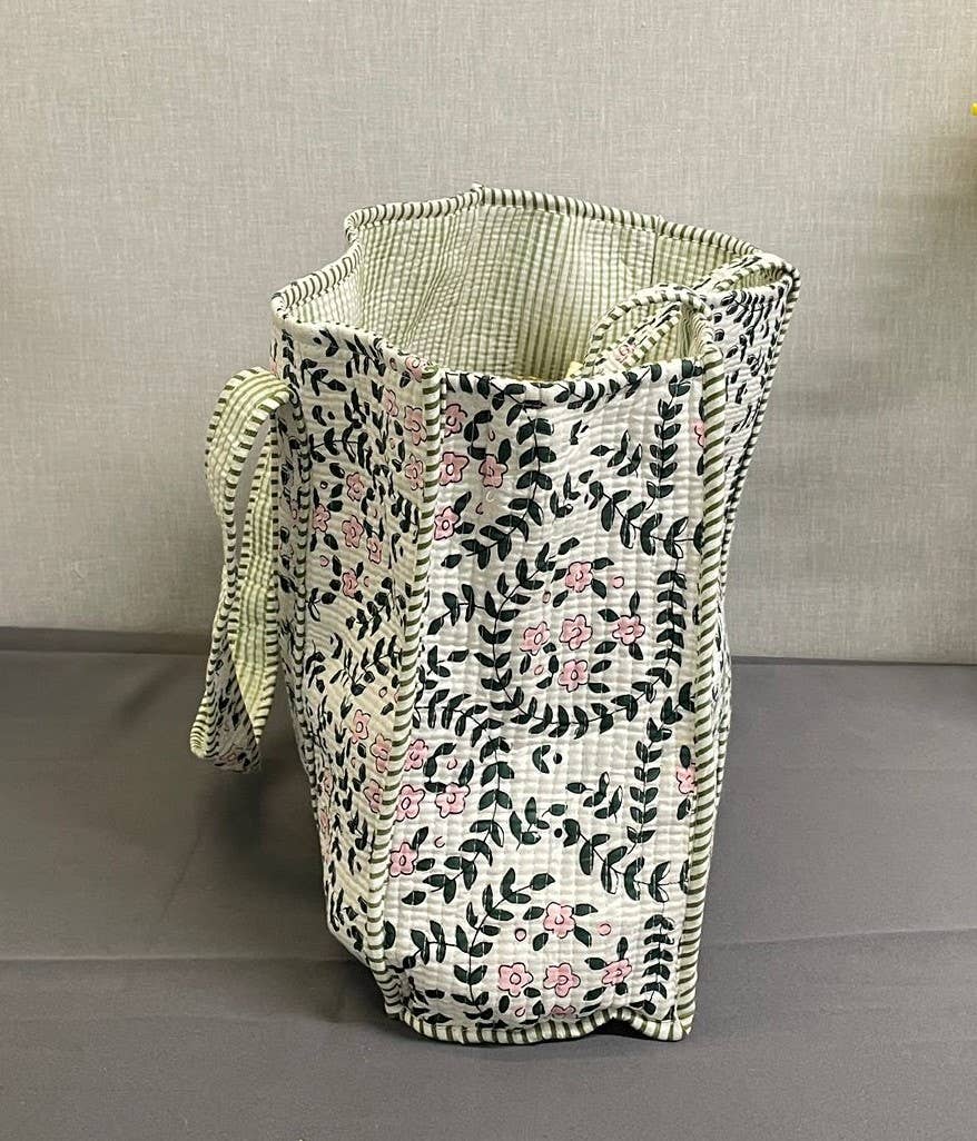 White Botanical Kantha Quilted  Tote Bag
