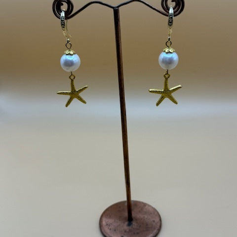 Freshwater Pearl & Gold Star Fish Drop Earrings