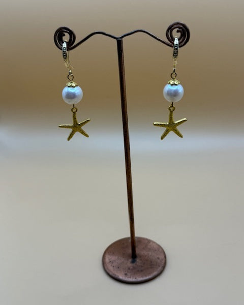 Freshwater Pearl & Gold Star Fish Drop Earrings