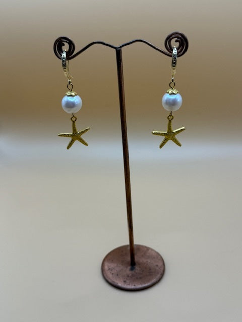 Freshwater Pearl & Gold Star Fish Drop Earrings