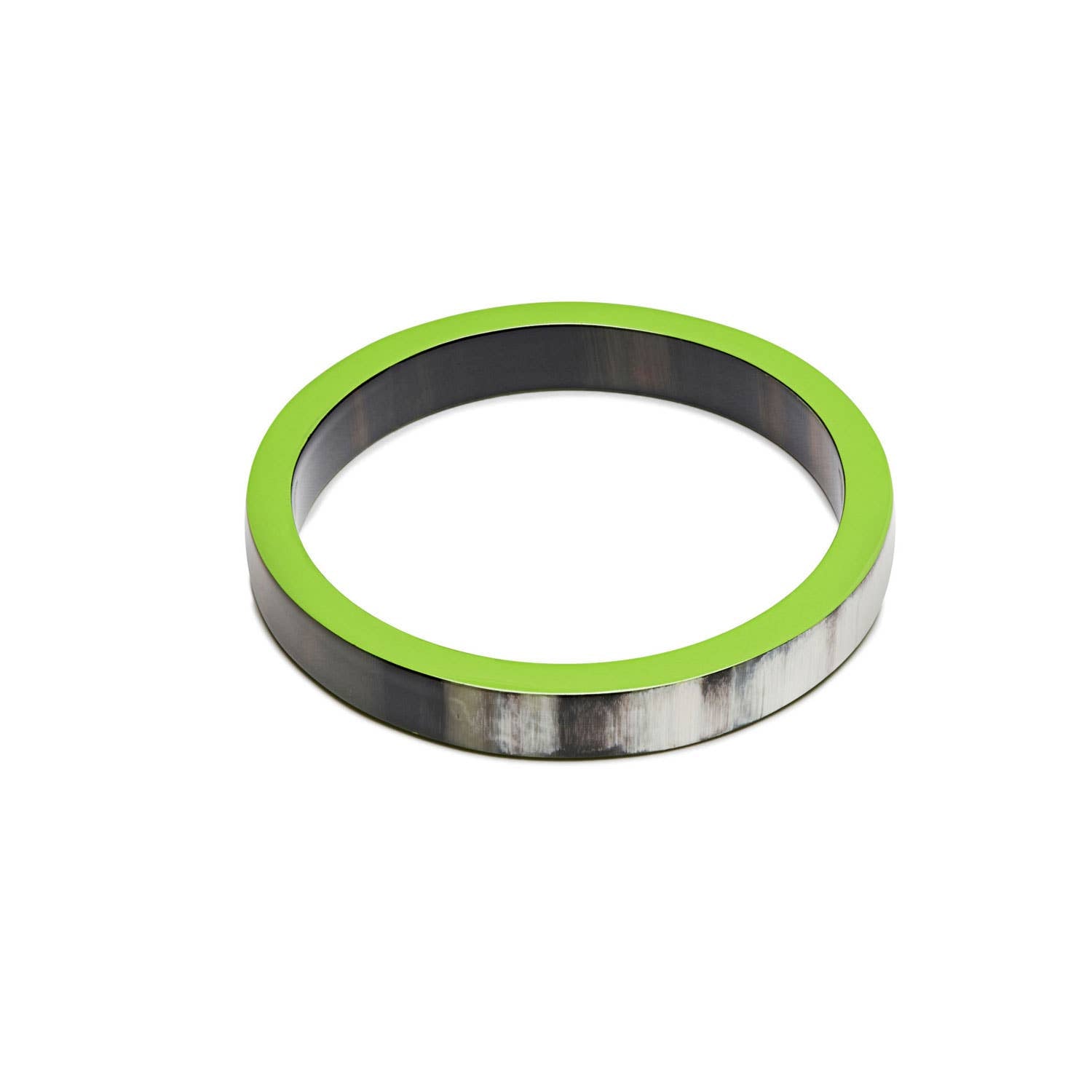 Metallic ring with green rim on a white background