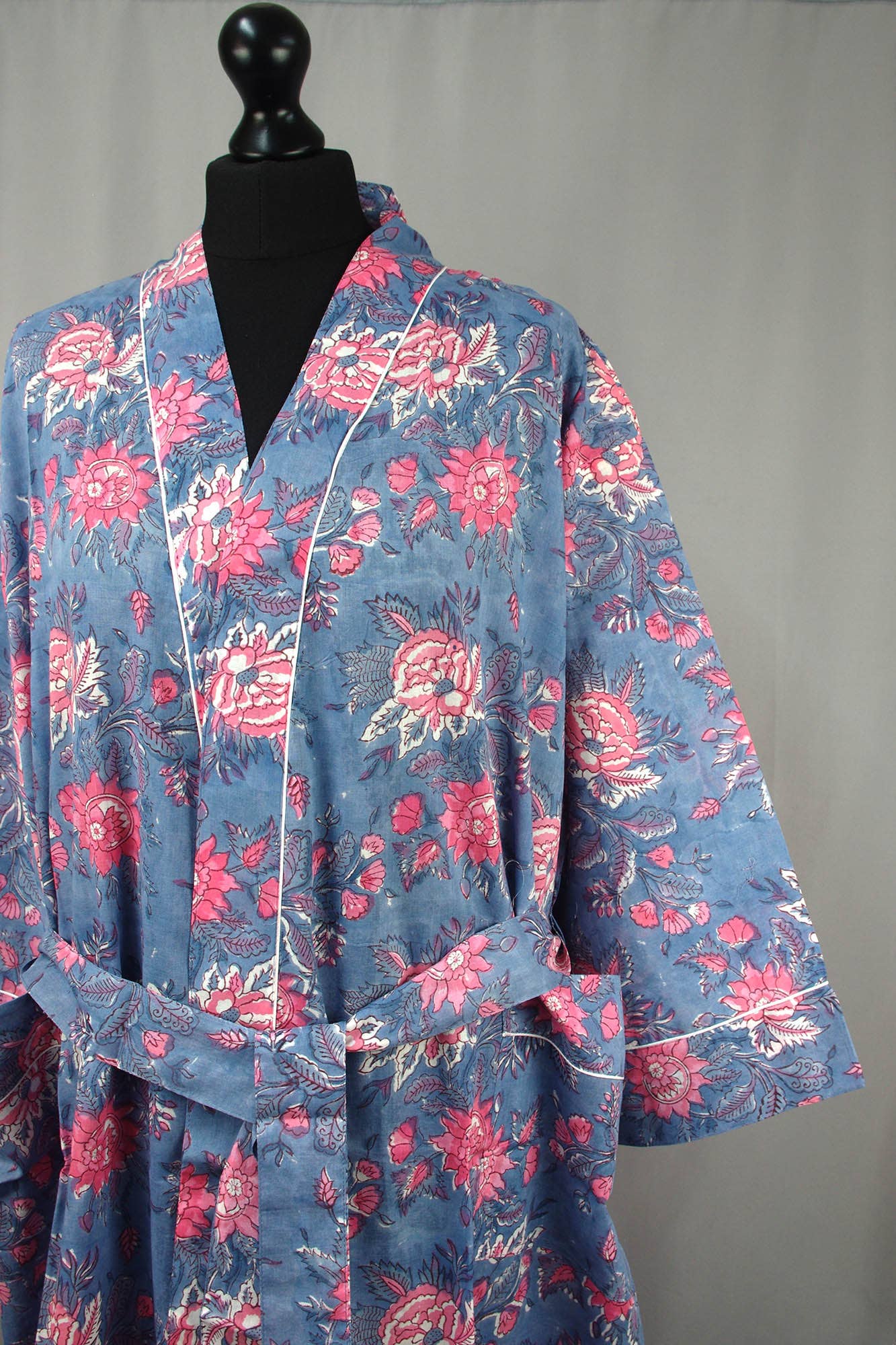 Cotton Kimono Dressing Gown - Pink Flowers On Grey