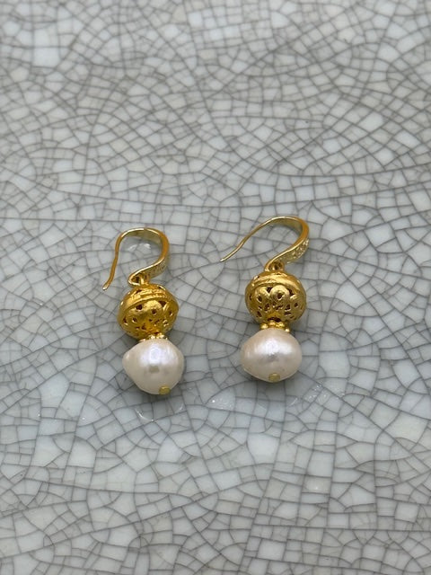 Freshwater pearl and gold ball earrings