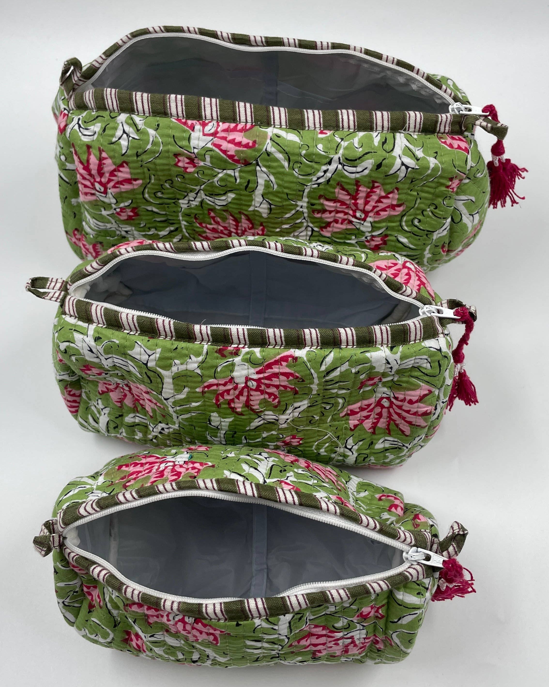 Green & Pink quilted wash bag  - Set of 3 small, medium & large