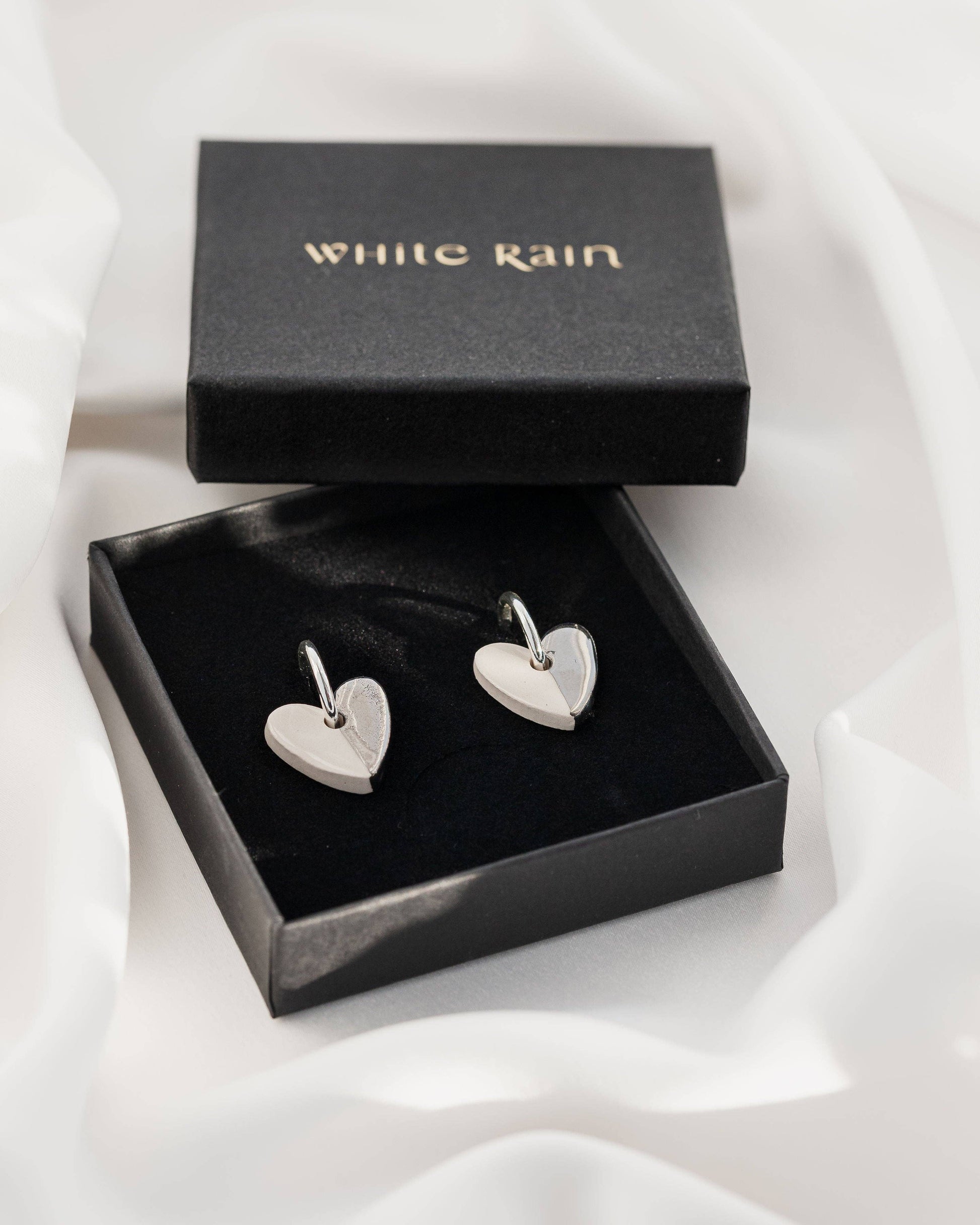 White Mini Ceramic Heart Charm With Huggie Hoops: Gold