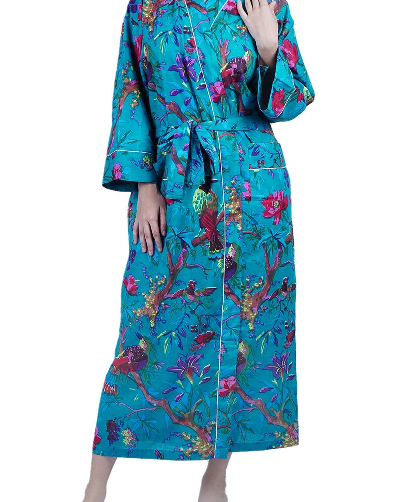 Cotton Kimono Dressing Gown - Teal Blue Birds