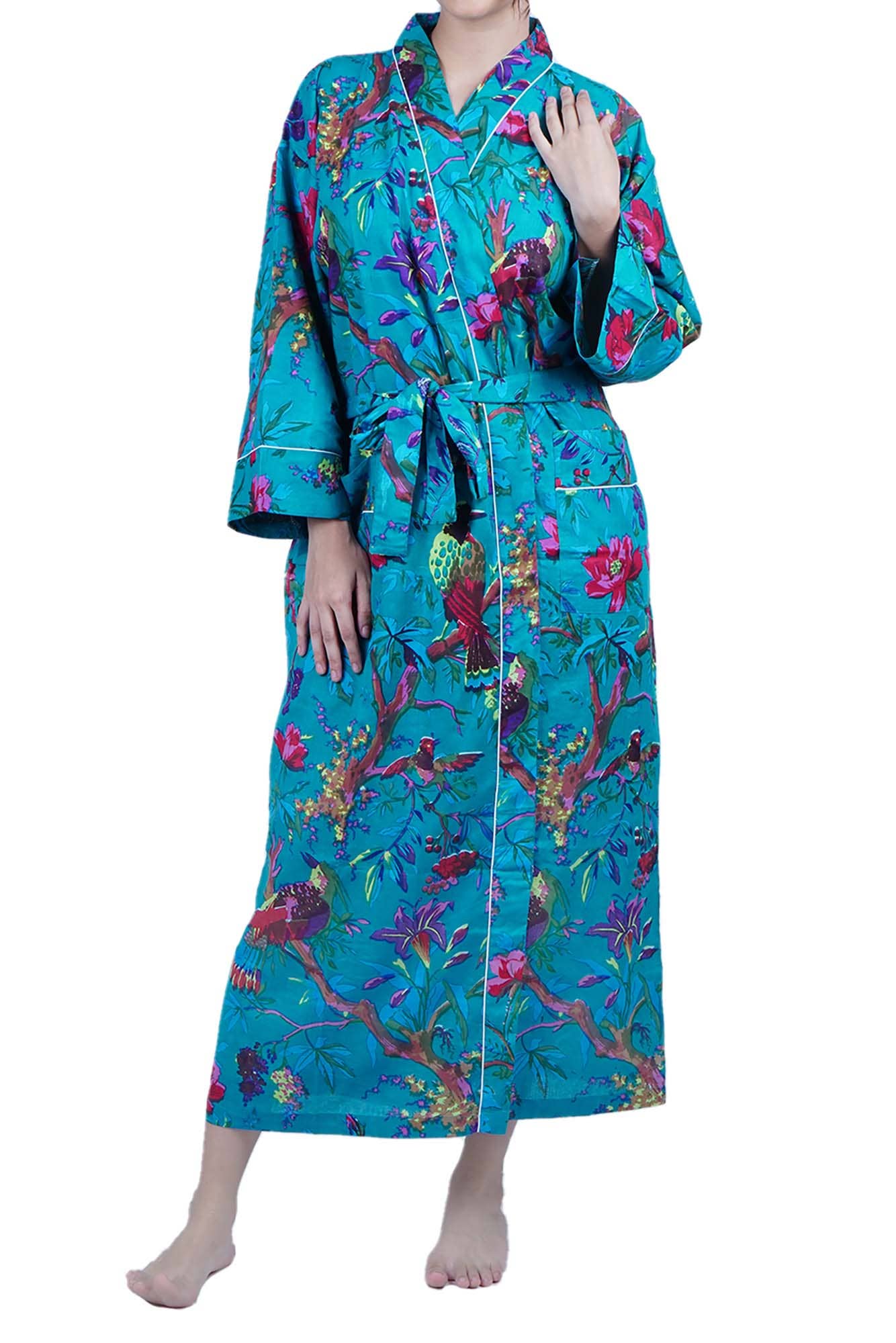 Cotton Kimono Dressing Gown - Teal Blue Birds