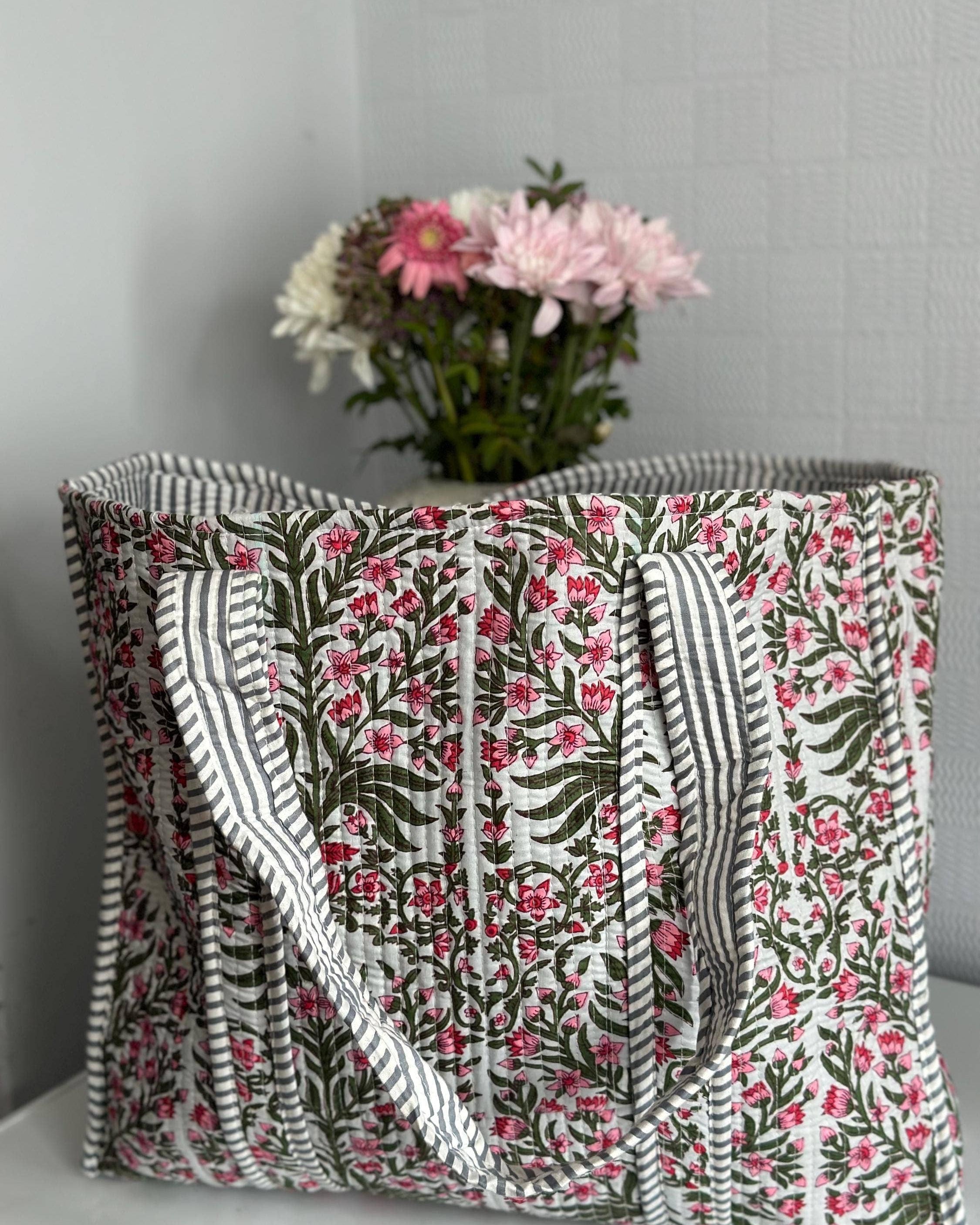Pink & Green Floral Design - Cotton Quilted Tote Bag