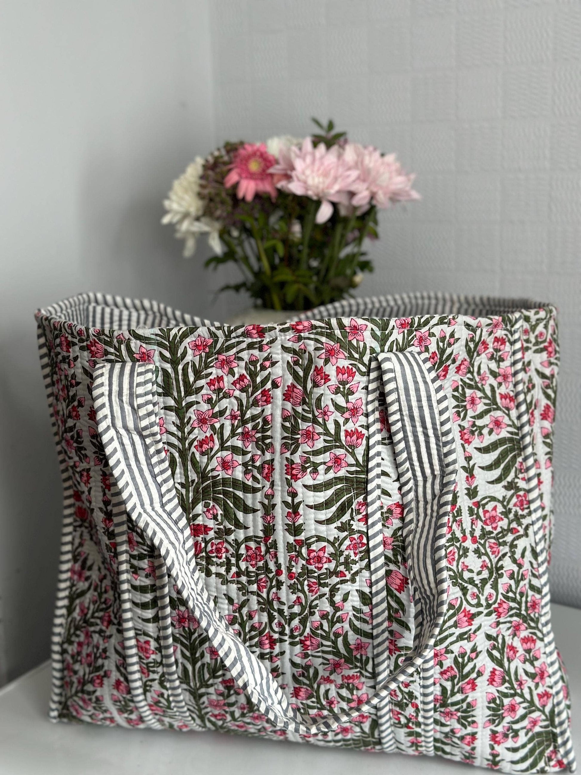 Pink & Green Floral Design - Cotton Quilted Tote Bag