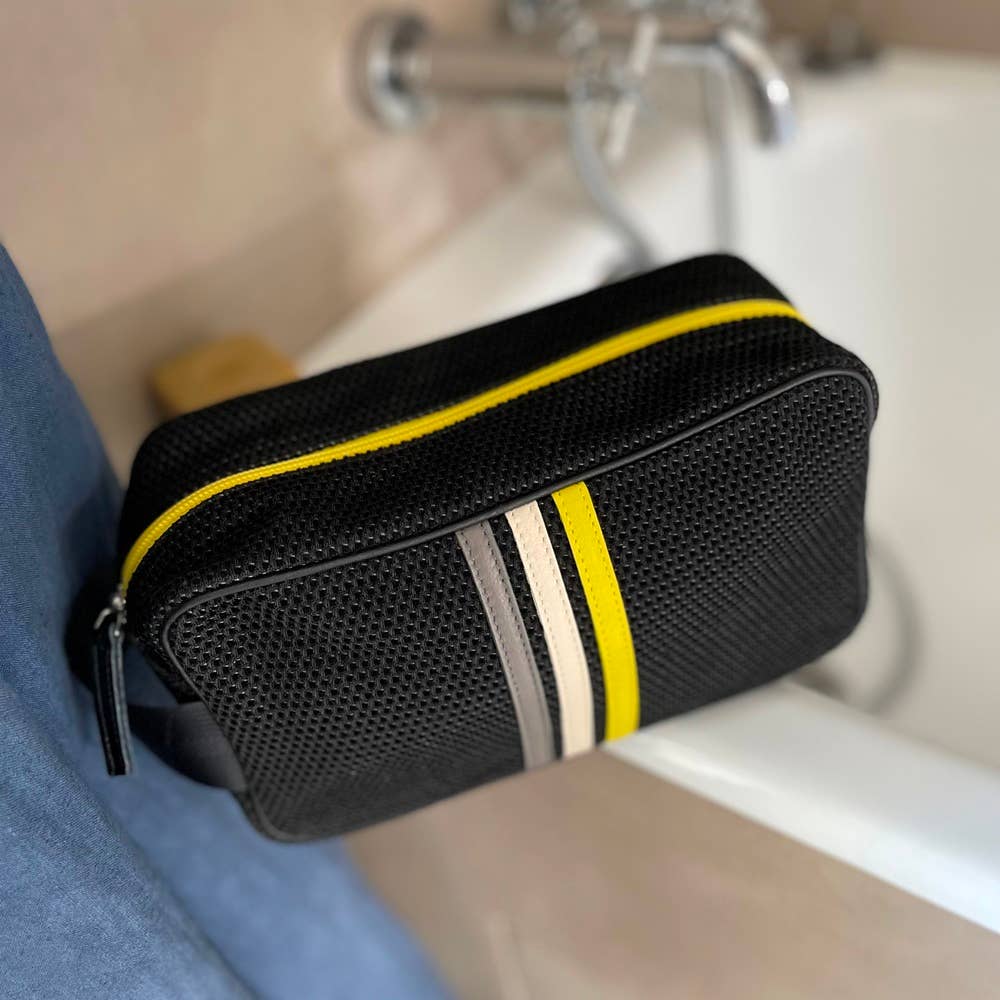 Black Toiletry Bag with white, yellow, grey leather stripes