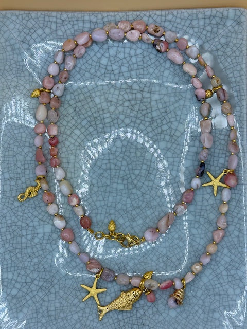 Long Pink Opal & Gold Necklace With Charms