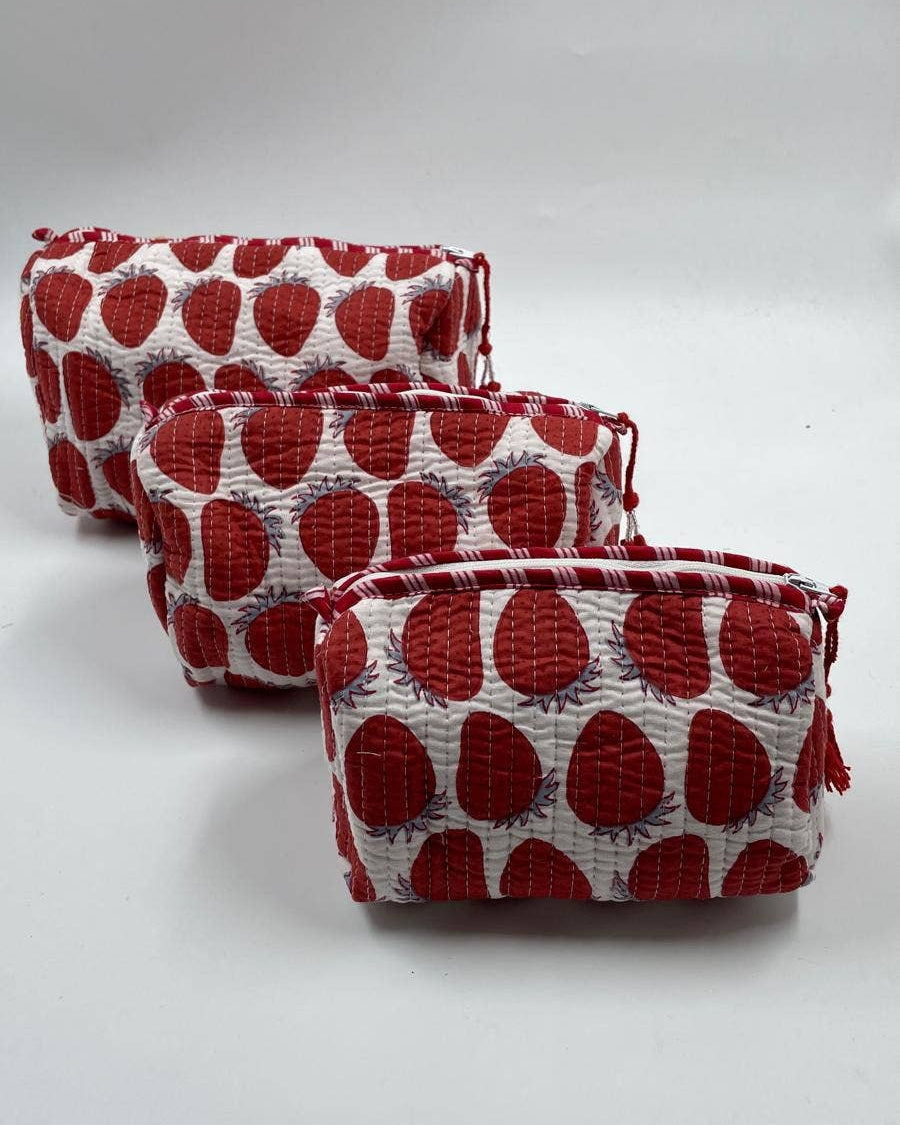 Cotton quilted Strawberry design wash bag set of 3 small medium & large
