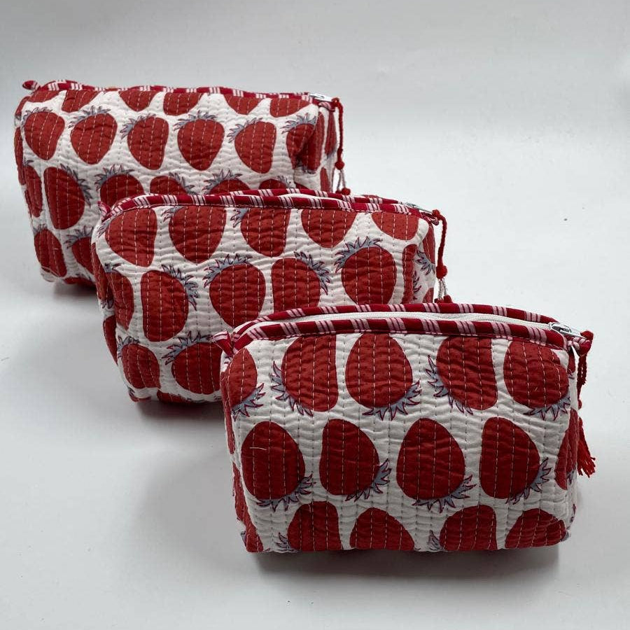 Cotton quilted Strawberry design wash bag set of 3 small medium & large
