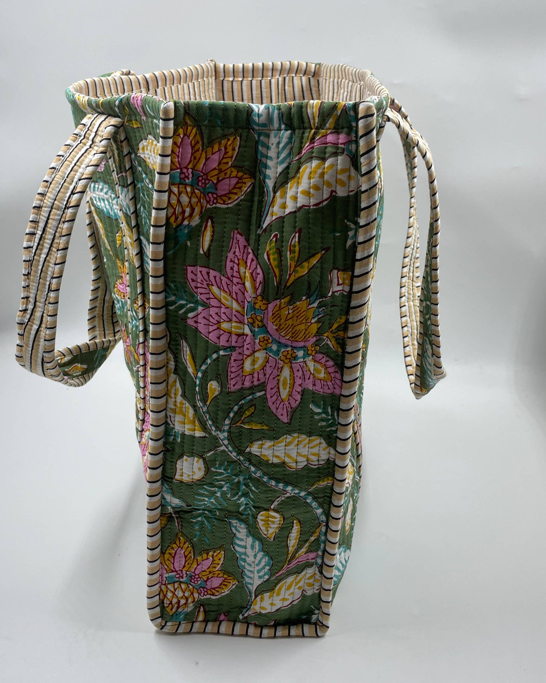 Green Vibrant Floral Cotton Quilted Tote Bag