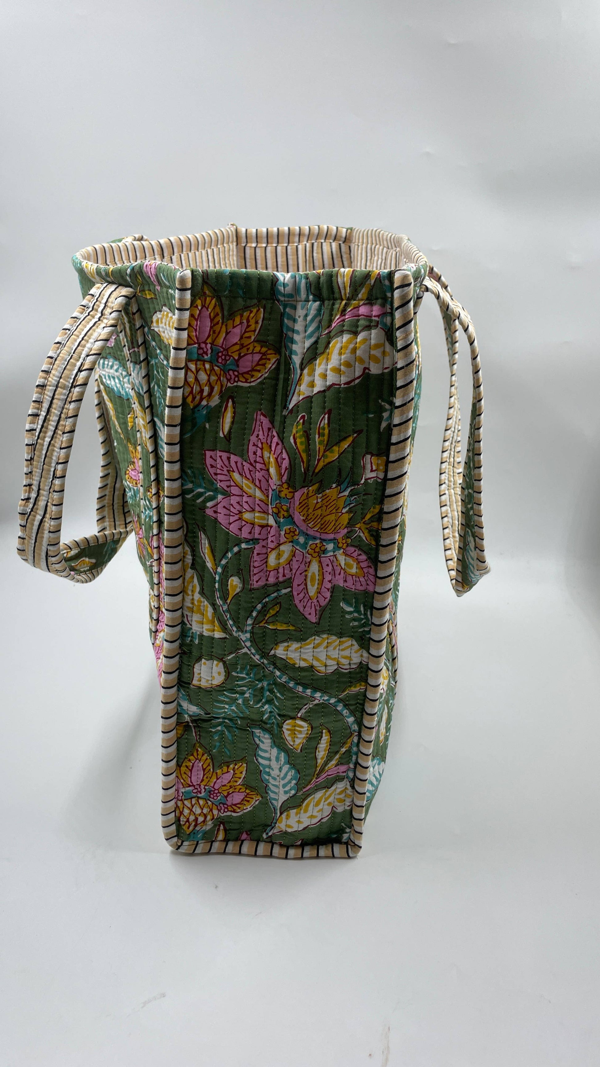 Green Vibrant Floral Cotton Quilted Tote Bag