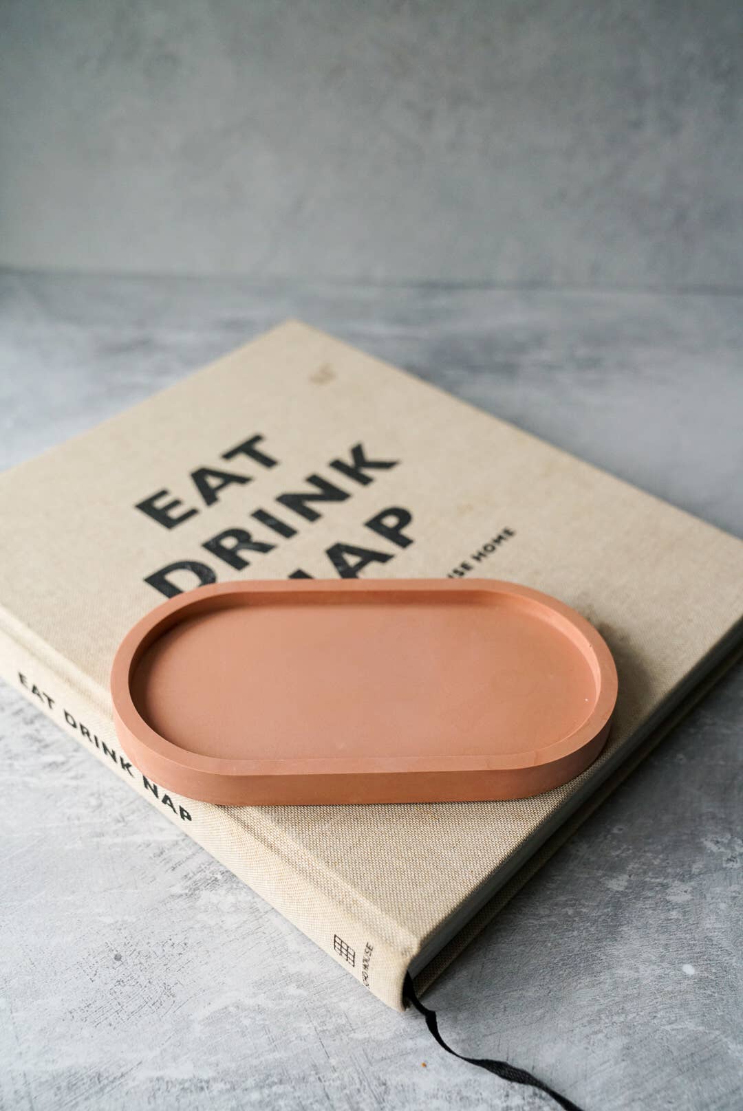 Ceramic tray on a book titled 'Eat Drink Nap' with a gray background