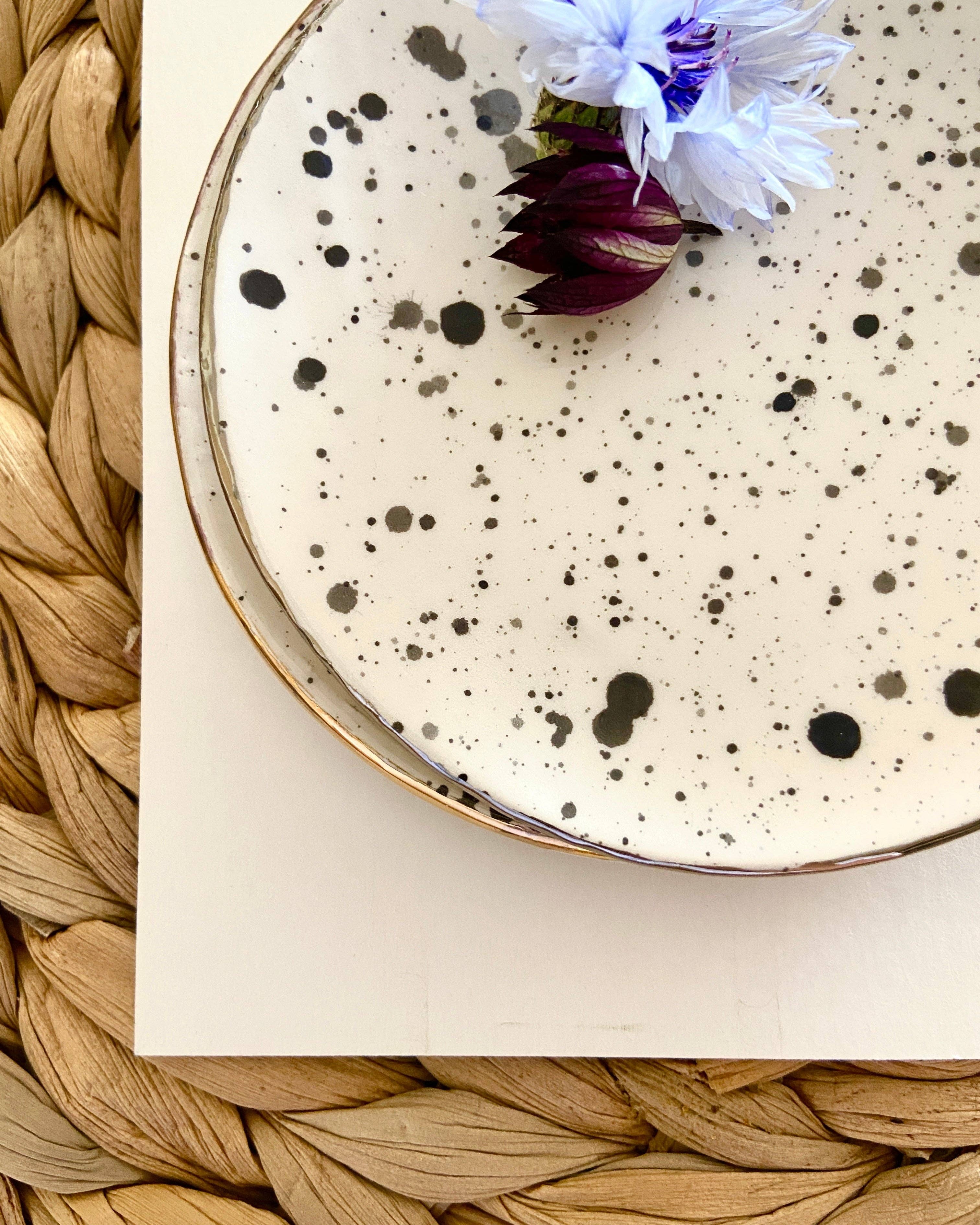 Black and White Spotty Ceramic Trinket Dish: Gold