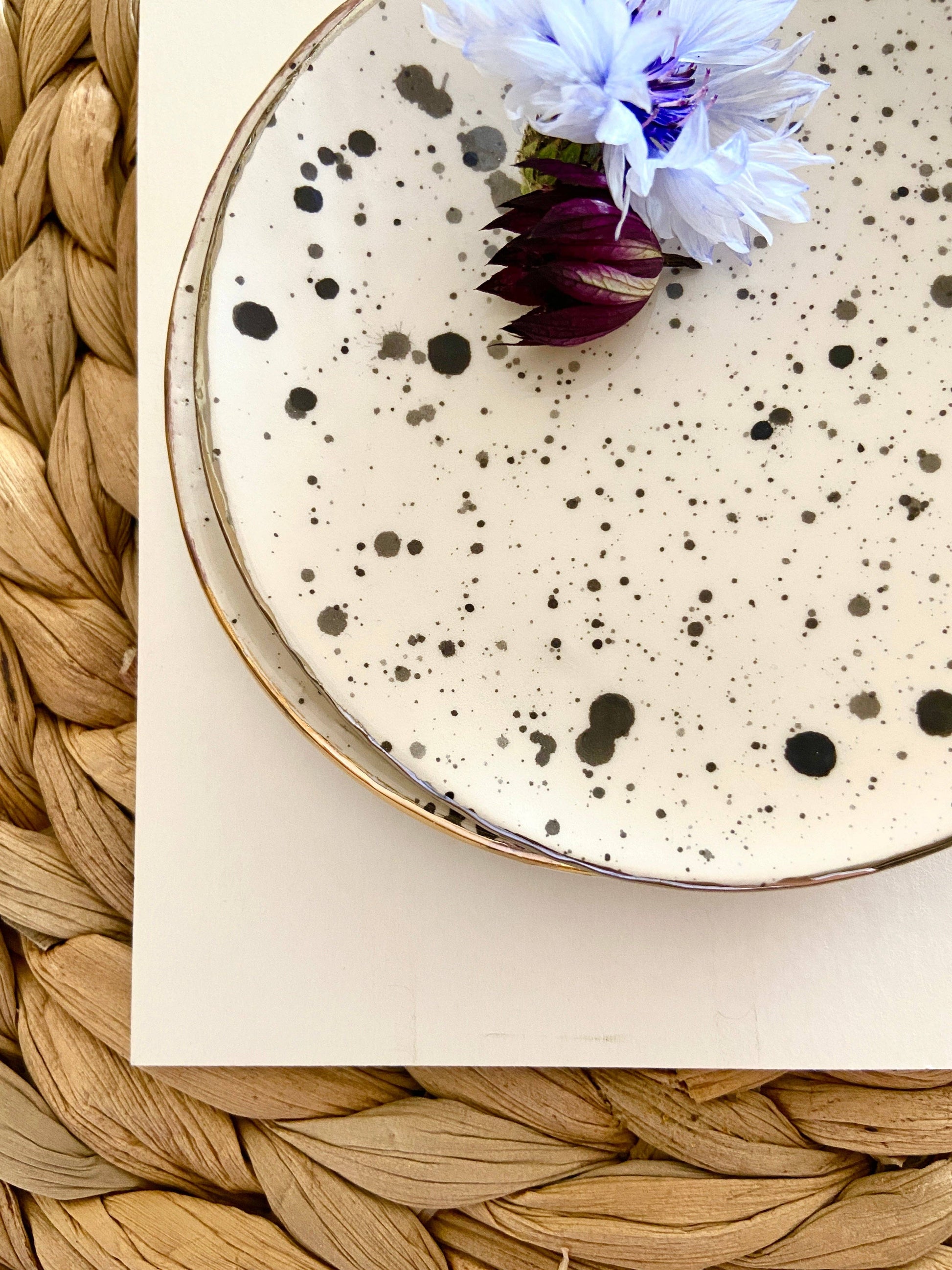 Black and White Spotty Ceramic Trinket Dish: Gold