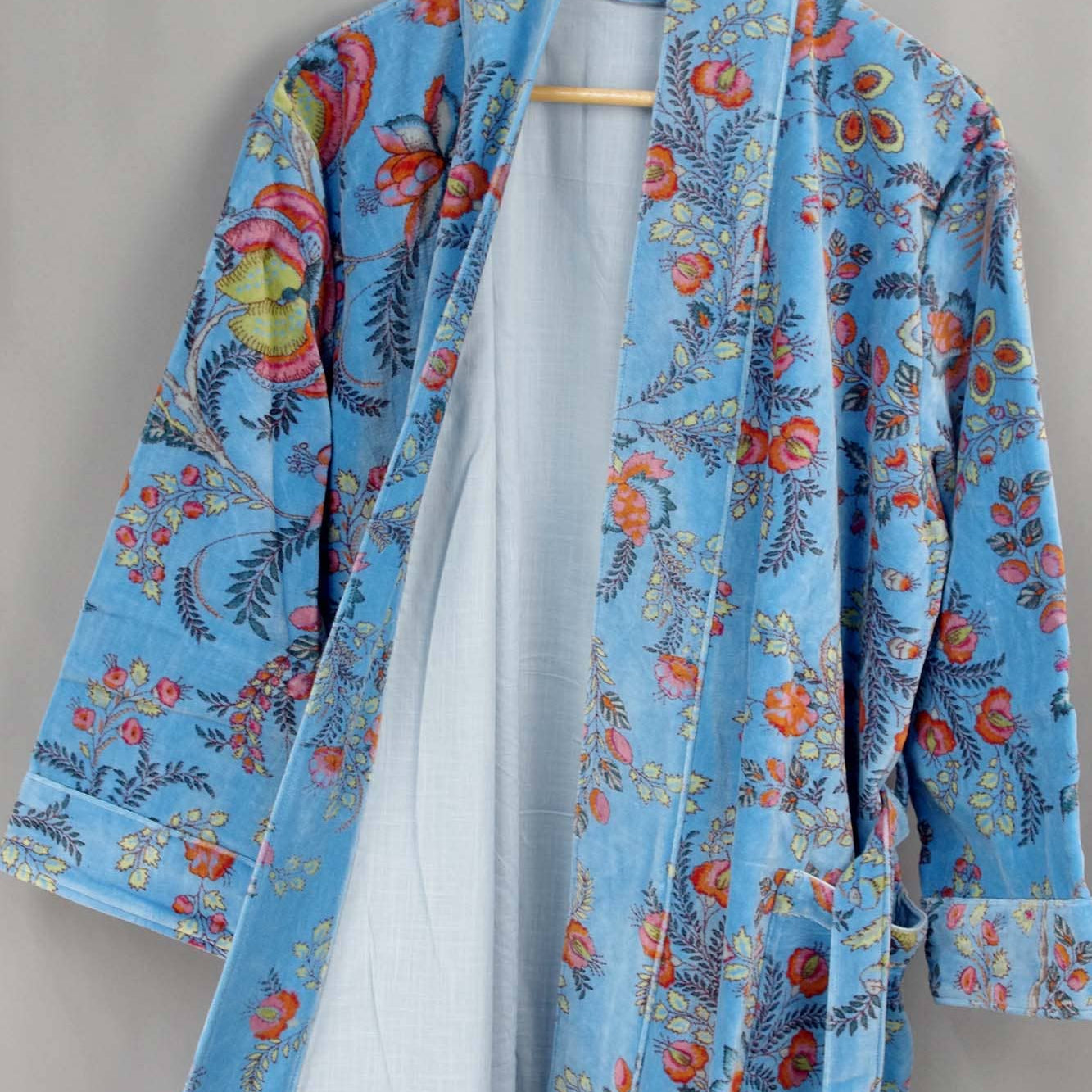 Velvet Kimono With Lining Gown - Blue Floral