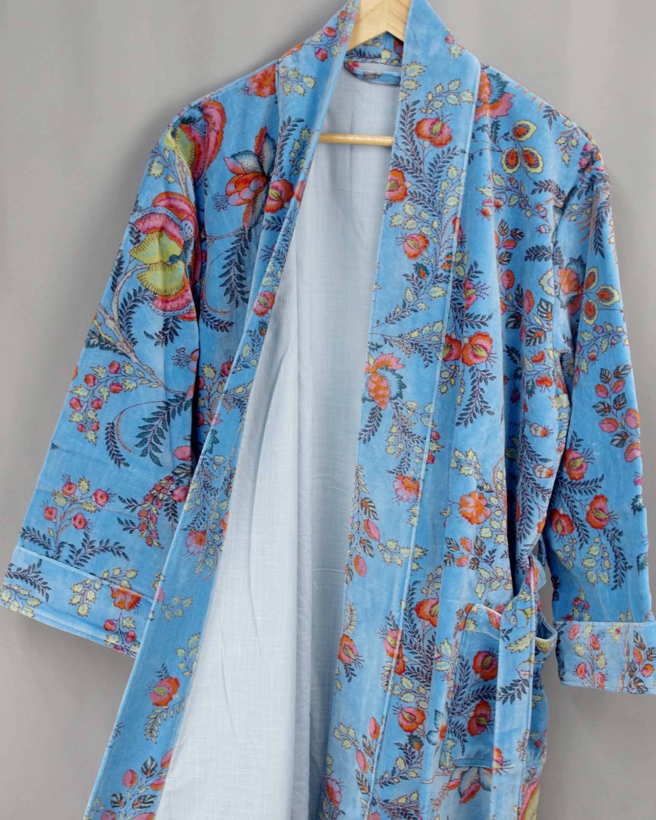 Velvet Kimono With Lining Gown - Blue Floral