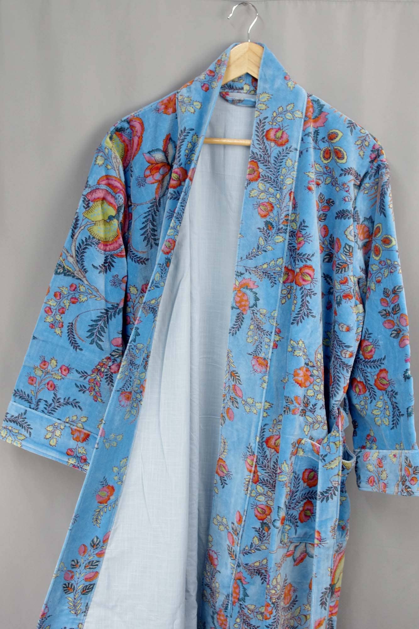 Velvet Kimono With Lining Gown - Blue Floral