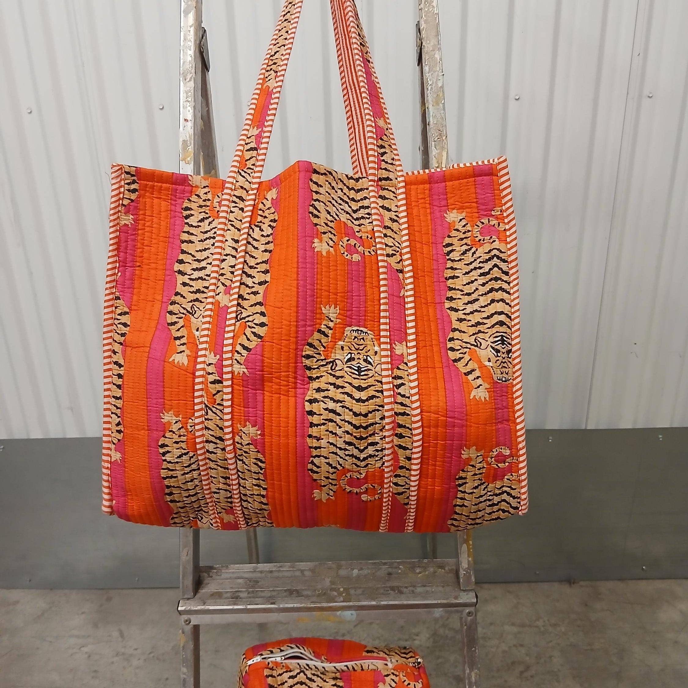 Orange Tiger Cotton Quilted Kantha Tote Bag