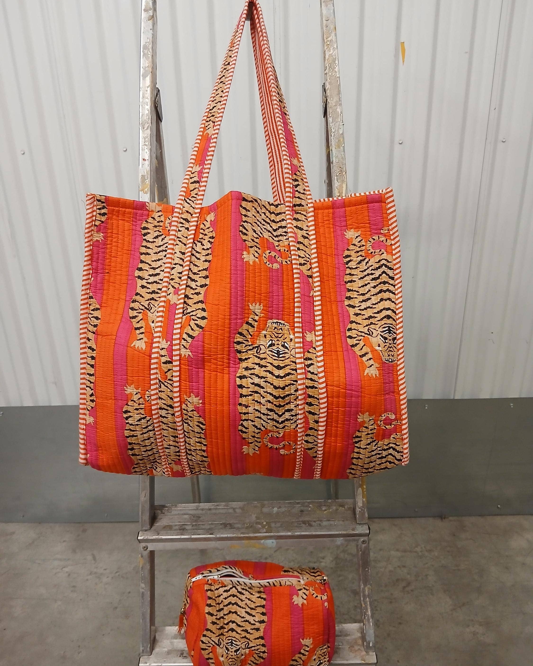 Orange Tiger Cotton Quilted Kantha Tote Bag