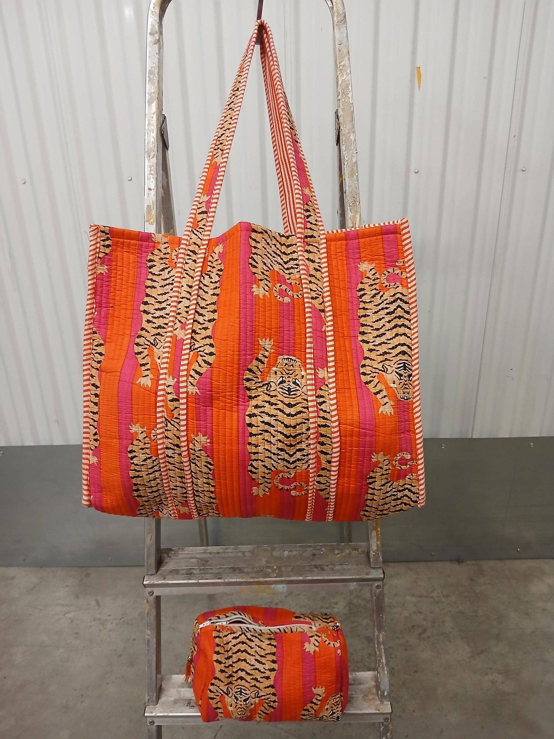Orange Tiger Cotton Quilted Kantha Tote Bag