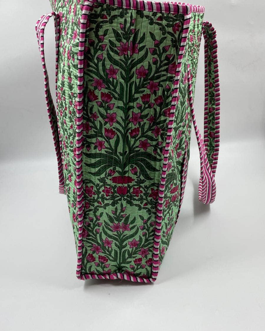 Green & Pink  Cotton Kantha QuiltedTote Bag
