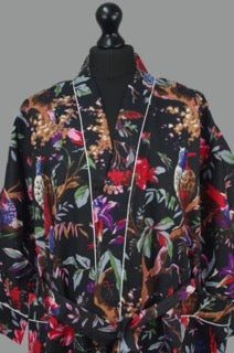Cotton Kimono - Black Tropical Birds