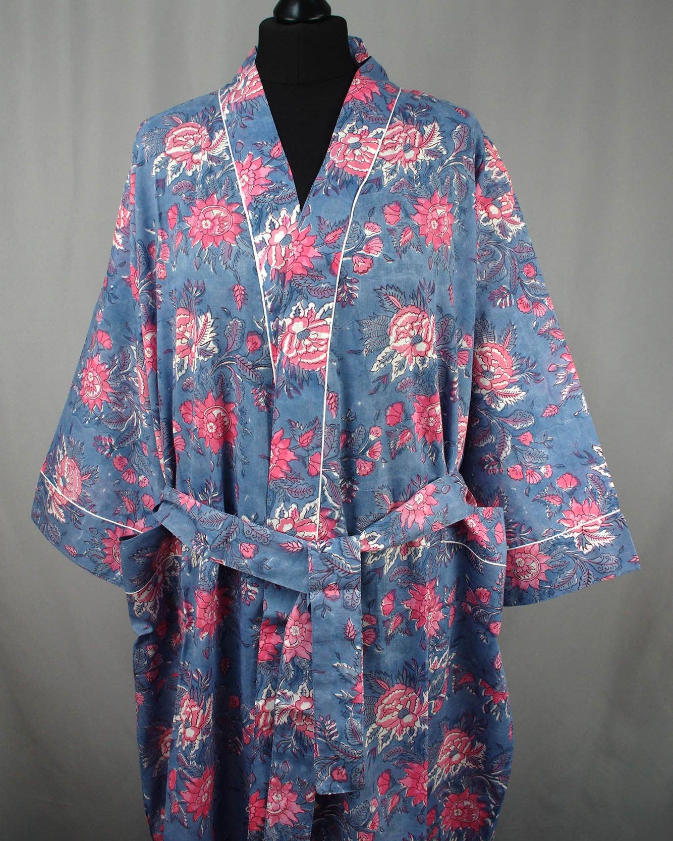 Cotton Kimono Dressing Gown - Pink Flowers On Grey