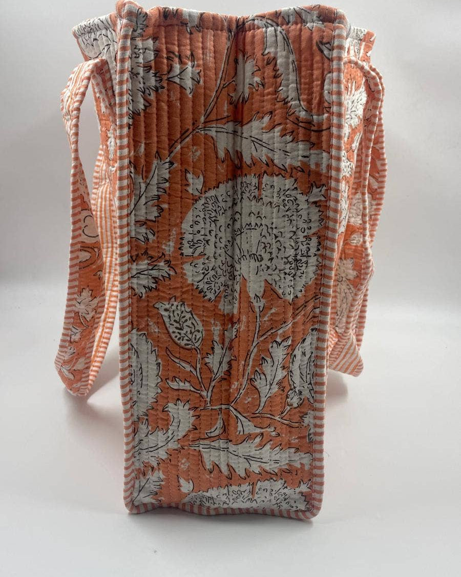 Orange Cotton Quilted Boho Floral Reversible Tote Bag