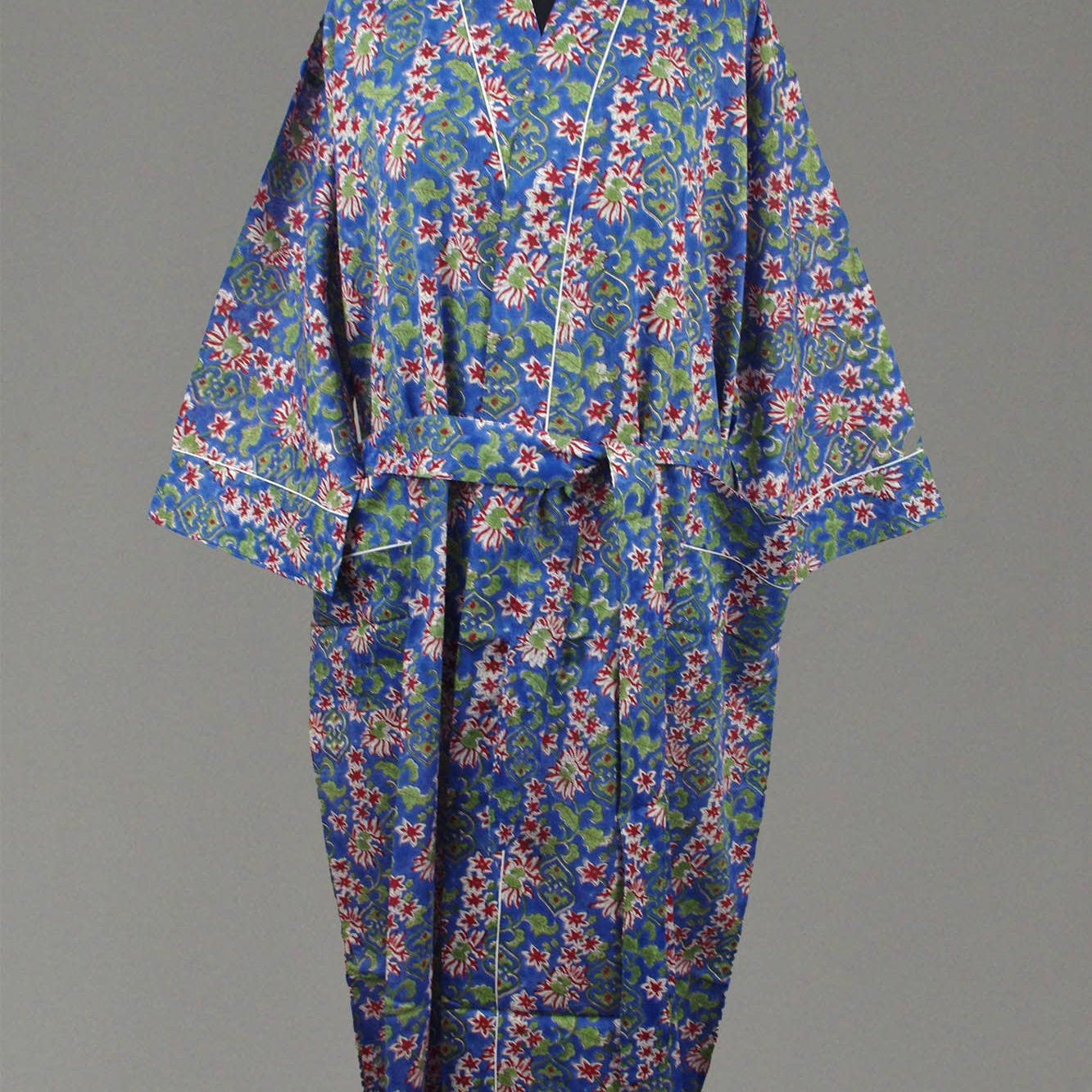 Cotton Kimono Dressing Gown - Red Flowers On Blue