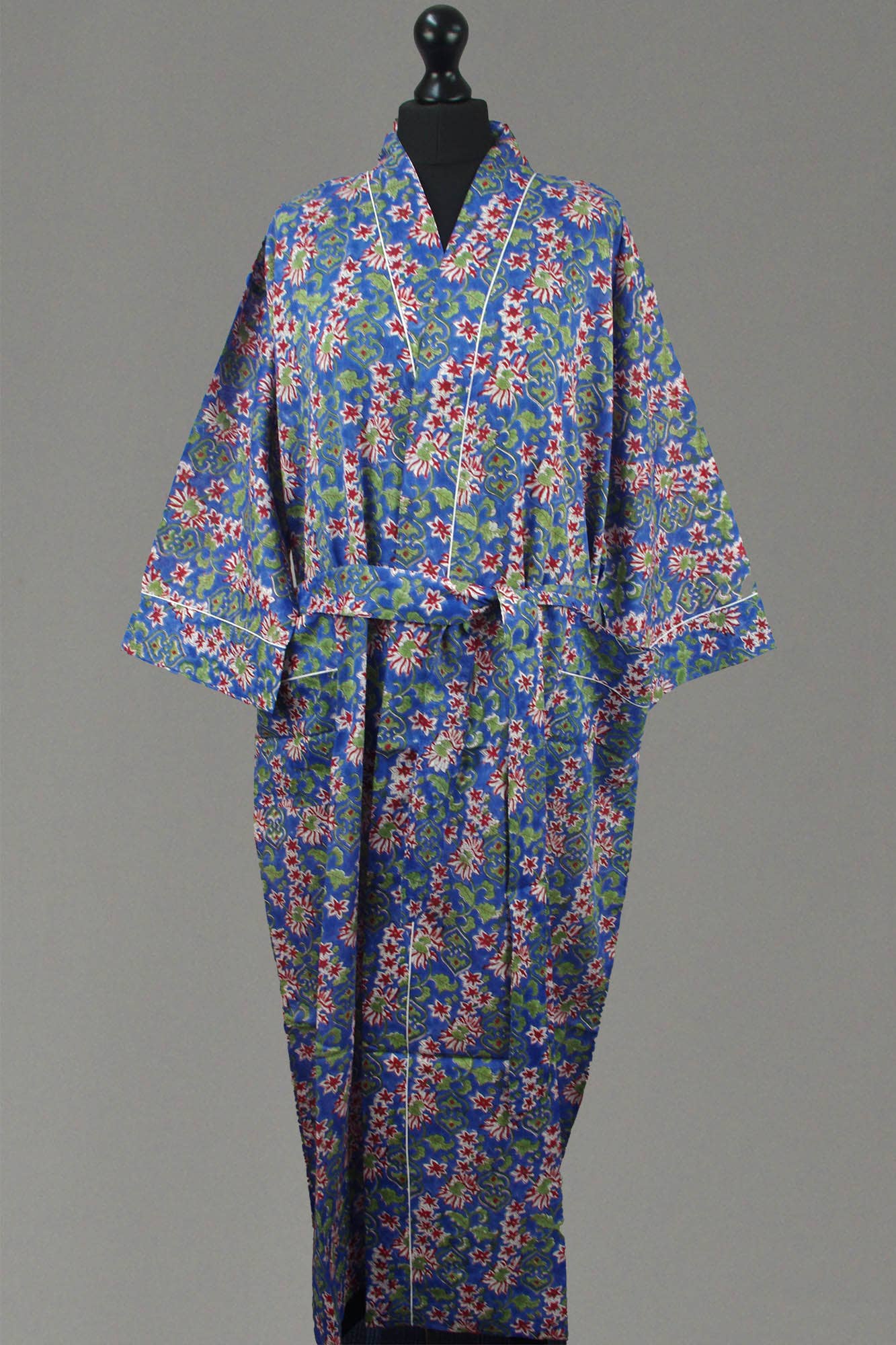 Cotton Kimono Dressing Gown - Red Flowers On Blue