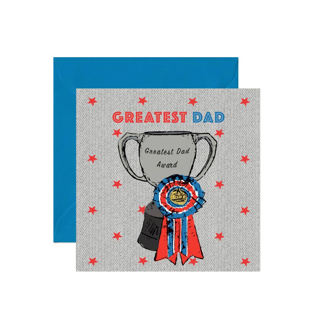 Greeting card with trophy and 'Greatest Dad' text on a blue envelope