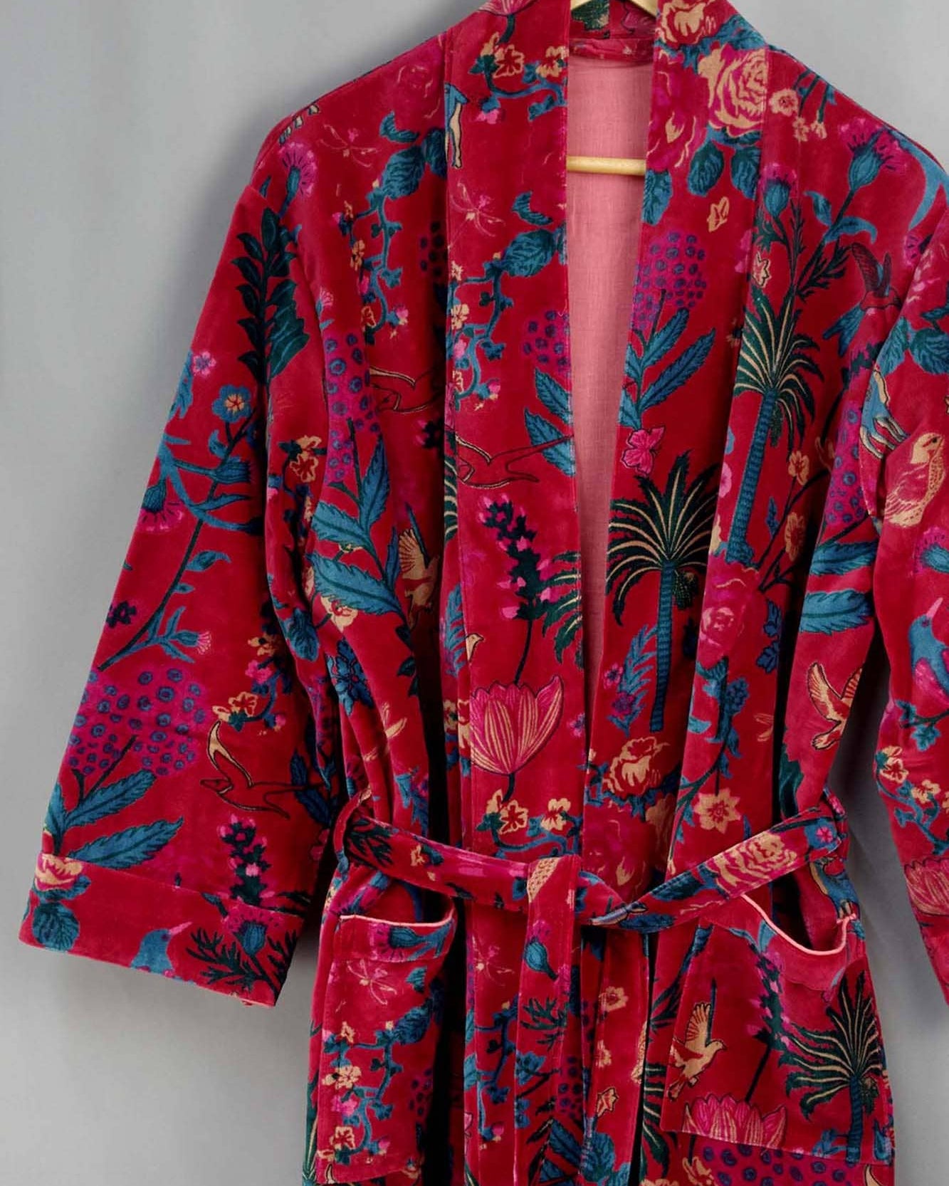 Velvet Kimono With Lining Gown - Maroon Red Tropical Floral