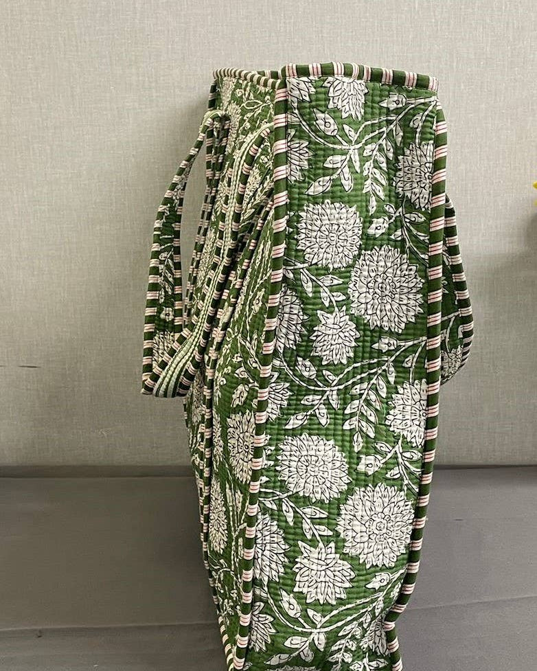 Cotton Kantha Quilted Green Floral Tote Bag